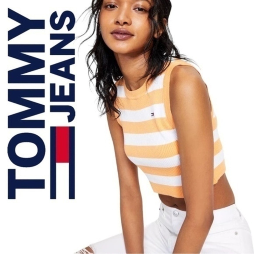 TOMMY JEANS NWT Orange-White Striped Cropped Sleeveless Sweater Tank Top/XL